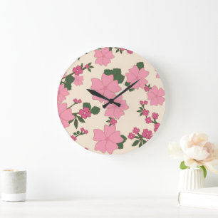 Grande Horloge Ronde Fleurs Roses, Motif Floral, Motif De Fleurs