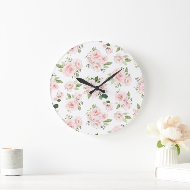 Grande Horloge Ronde Fleurs roses, Roses roses, Fleurs Aquarelles (Maison)