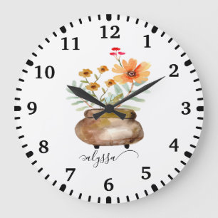 Grande Horloge Ronde Fleurs roses roses rouillées Nom du script tendanc
