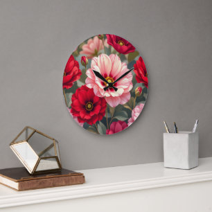 Grande Horloge Ronde Fleurs roses, rouges et mauves
