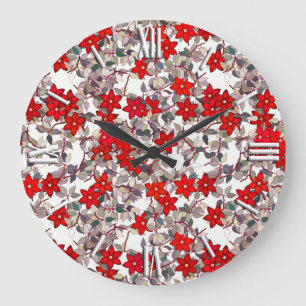 Grande Horloge Ronde Fleurs rouges et feuilles gris argent