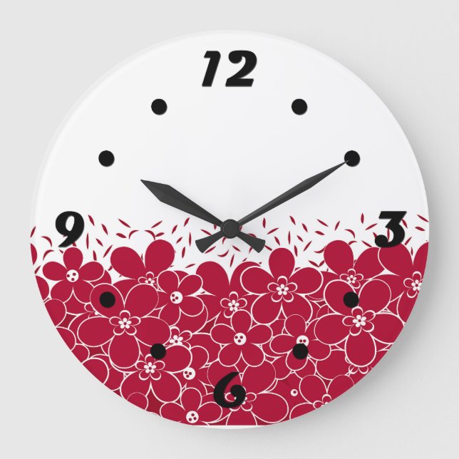 Grande Horloge Ronde Fleurs rouges marguerites sur arrière - plan blanc (Recto)