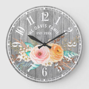 Grande Horloge Ronde Fleurs Rustiques Shabby Personnalisées Famille Gra