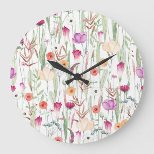 Grande Horloge Ronde Fleurs Sauvages Aquarelle Conception transparente