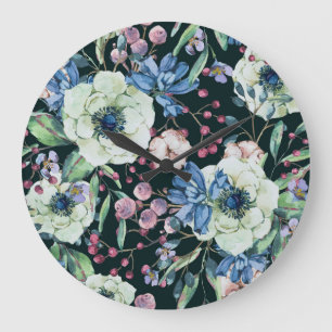 Grande Horloge Ronde Fleurs sauvages d'anémones : Motif d'aquarelle Vin
