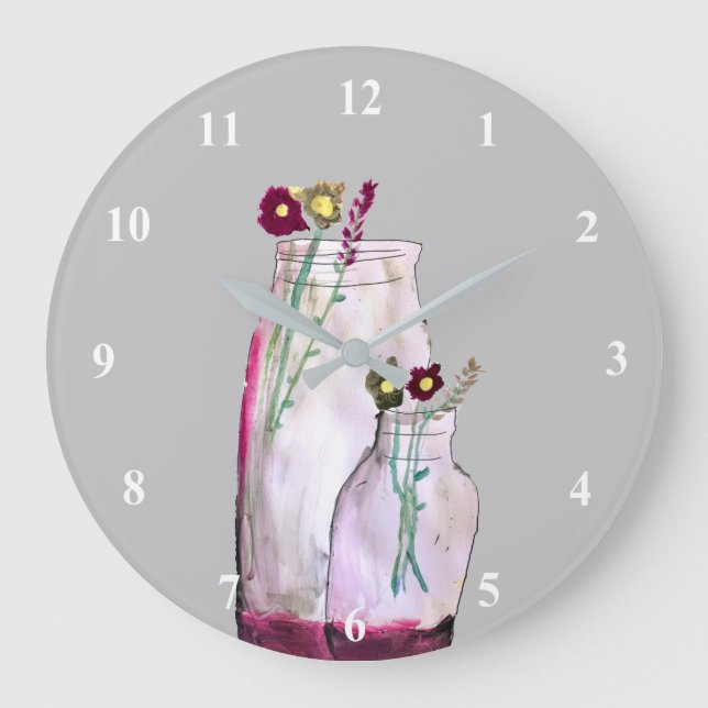 Grande Horloge Ronde Fleurs sauvages d'aquarelle Whimsical en vase (Recto)