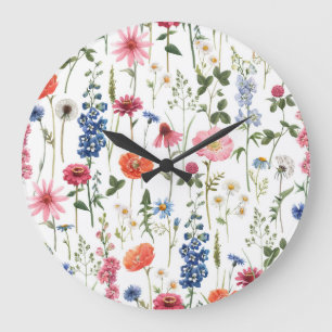 Grande Horloge Ronde Fleurs sauvages d'été, aquarelle motif sans coutur