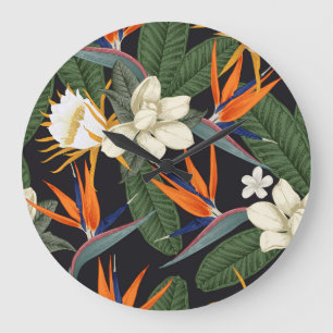Grande Horloge Ronde Fleurs tropicales, arrière - plan foncé, sans cout