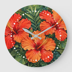 Grande Horloge Ronde Fleurs tropicales de jungle d'hibiscus orange luxu