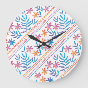 Grande Horloge Ronde Fleurs tropicales dessinées à la main, motif feuil