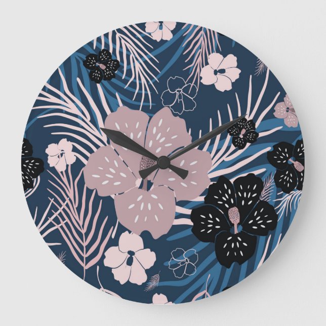 Grande Horloge Ronde Fleurs tropicales Palm Texture Feuille (Recto)