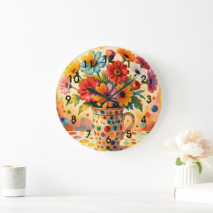 Grande Horloge Ronde Fleurs Vibrantes, Points Colorés,