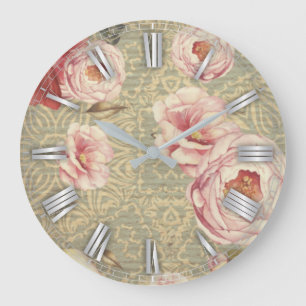 Grande Horloge Ronde Fleurs Vintages Antiques & Pétales Sur Papier Dama