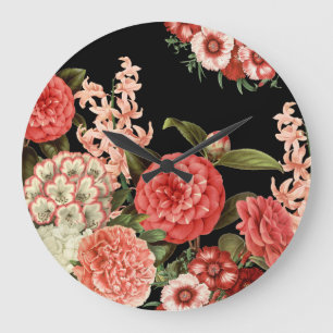 Grande Horloge Ronde fleurs vintages botaniques roses modernes