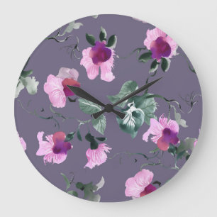 Grande Horloge Ronde Fleurs violettes : motif aquarellé.