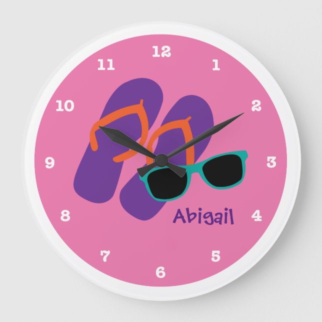 Grande Horloge Ronde Flip Flops et lunettes de soleil Plage rose Person (Recto)