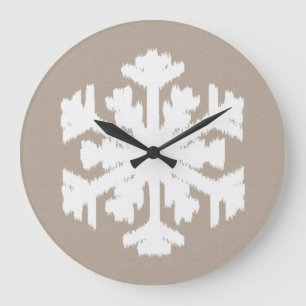 Grande Horloge Ronde Flocon de neige Ikat - Taupe tan et blanc