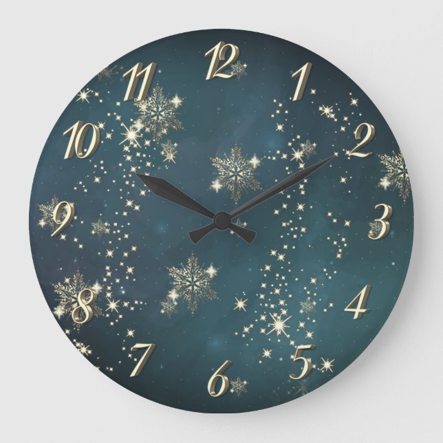 Grande Horloge Ronde Flocons de neige dorés chic verts  (Recto)