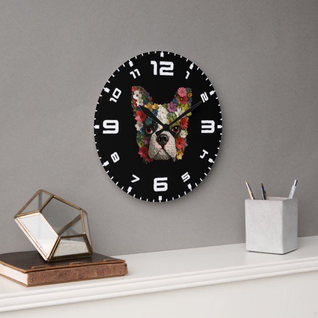 Grande Horloge Ronde Floral 3D Boston Terrier (Bureau)