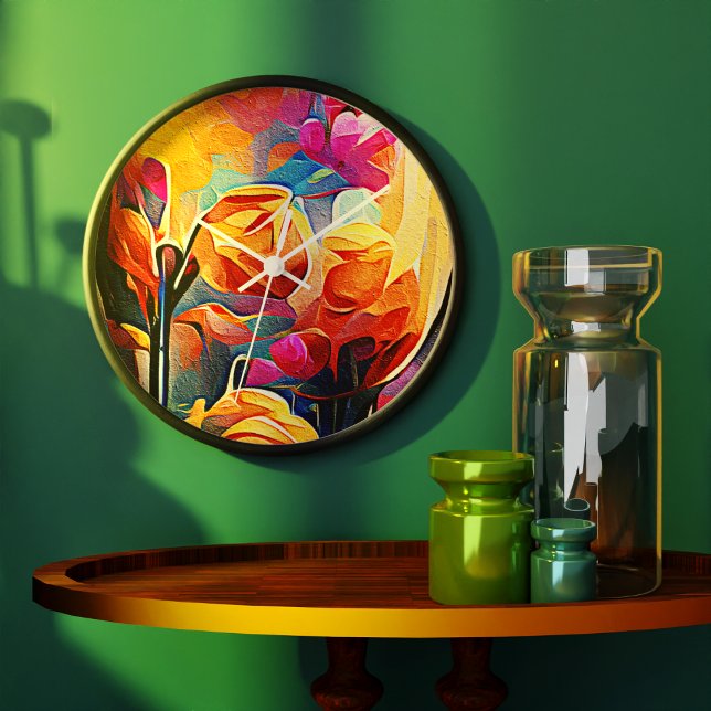 Grande Horloge Ronde Floral Abstract Art Orange Red Blue Flowers (Floral Abstract Art Orange Red Blue Flowers Clock)
