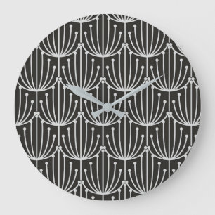 Grande Horloge Ronde Floral Abstrait vintage en Motif noir et blanc