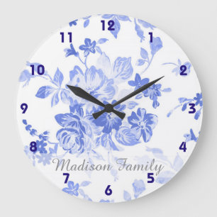 Grande Horloge Ronde floral blanc bleu de sembler de Delft de bleu
