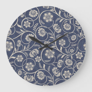 Grande Horloge Ronde Floral bleu