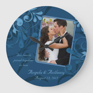 Grande Horloge Ronde Floral bleu Modèle photo personnalisé