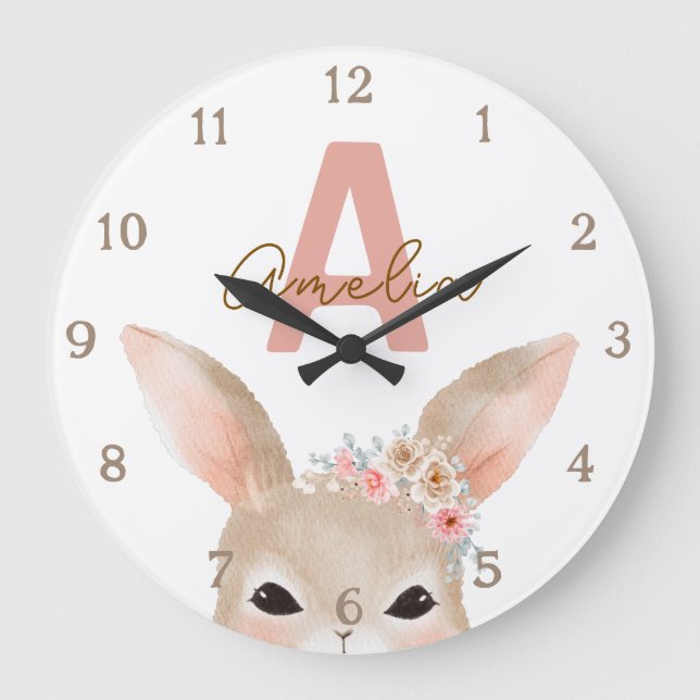 Grande Horloge Ronde Floral Bunny Ears Monogram Nursery Clock Personali (Recto)