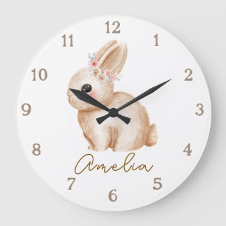 Grande Horloge Ronde Floral Bunny Personalized Nursery Wall Clock Custo