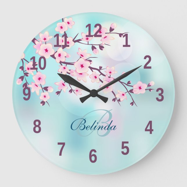 Grande Horloge Ronde Floral Cerry Blossoms Rose Turquoise Ajouter un no (Recto)