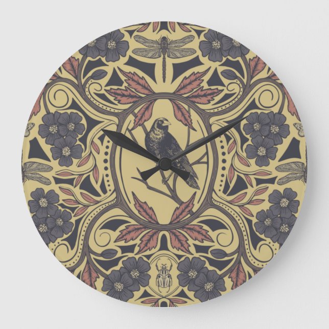 Grande Horloge Ronde Floral de mauve, de tan et de gris de Corbeau et d (Recto)
