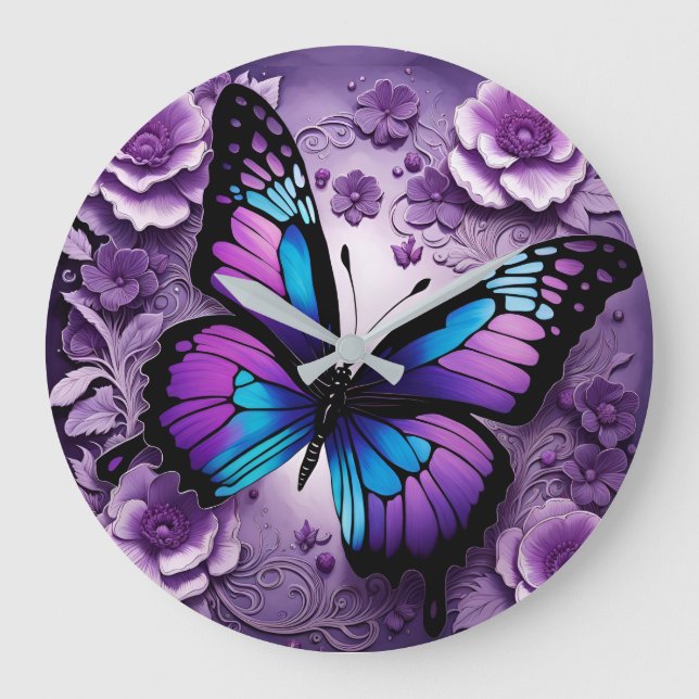 Grande Horloge Ronde Floral de papillon pourpre (Recto)