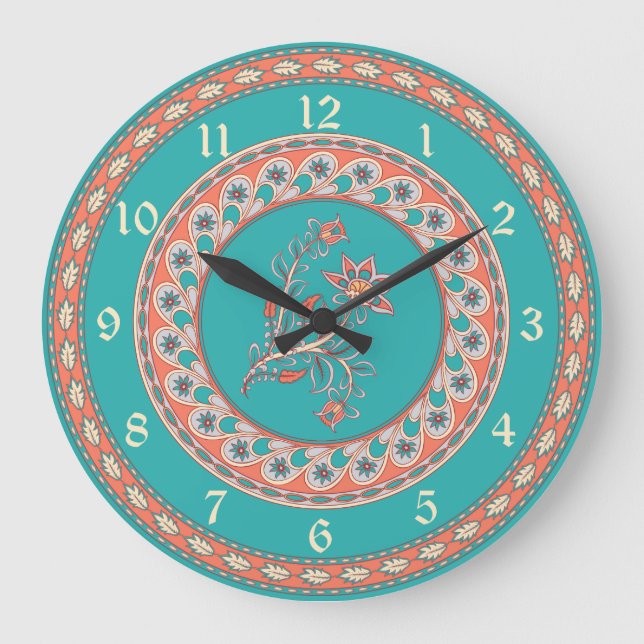 Grande Horloge Ronde Floral et feuille Turquoise indien exotique (Recto)