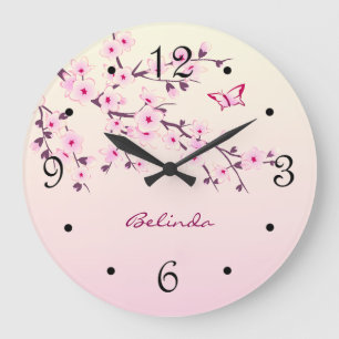 Grande Horloge Ronde Floral Fleurs de cerisiers Monogramme rose
