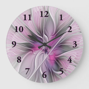 Grande Horloge Ronde Floral Fractal moderne Fleur Abstraite rose gris