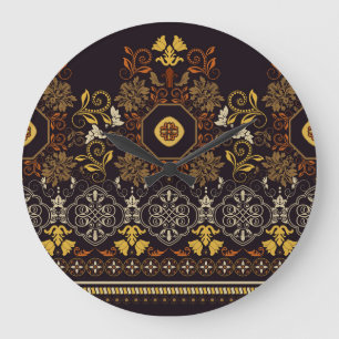 Grande Horloge Ronde Floral Indien : Coloré Foncé Sans Fil.