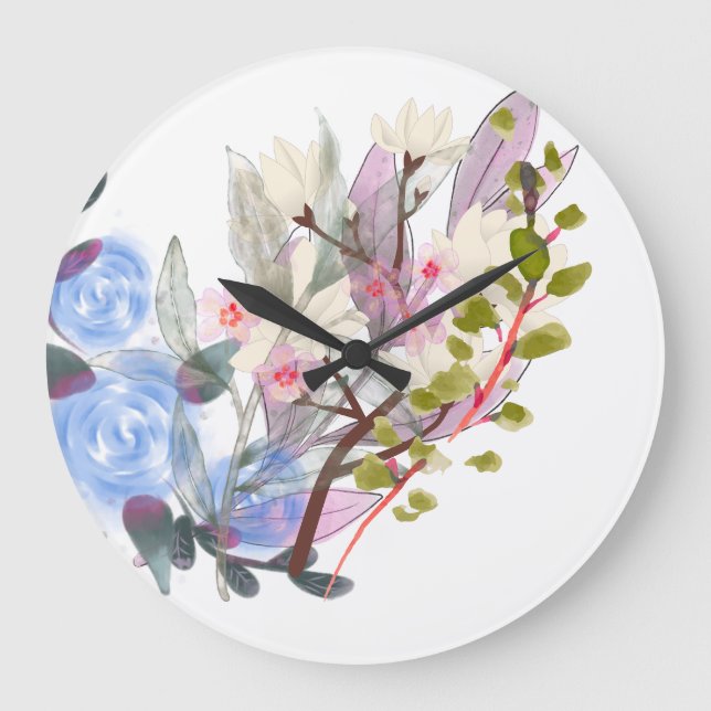 Grande Horloge Ronde Floral Leaves Art – Elegant Flowers and Botanical (Recto)