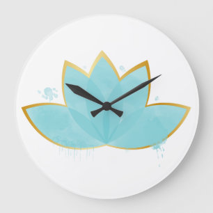 Grande Horloge Ronde Floral Lotus Aquarelle Mer Bleu & Faux Or