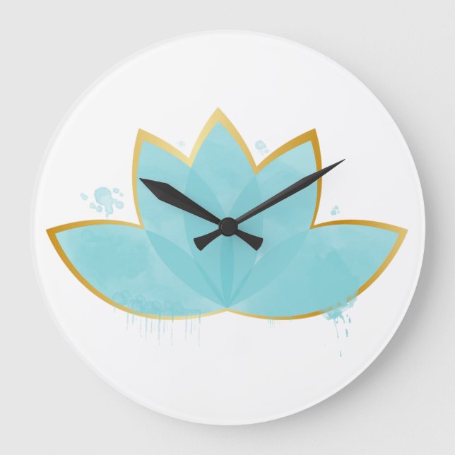 Grande Horloge Ronde Floral Lotus Aquarelle Mer Bleu & Faux Or (Recto)