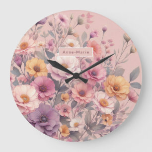 Grande Horloge Ronde Floral moderne rose rose girly élégant élégant