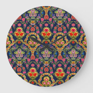 Grande Horloge Ronde Floral moghole ethnique : Motif bleu sans voile