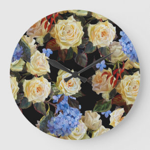 Grande Horloge Ronde Floral motif moderne, roses blanches, hydrangée bl