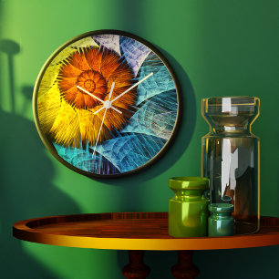 Grande Horloge Ronde Floral Orange Bleu Jaune Art Abstrait