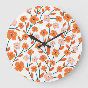 Grande Horloge Ronde Floral Orange Pastel Blanc sans couture