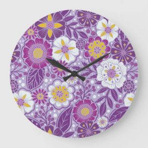 Grande Horloge Ronde Floral pourpre, jaune et magenta