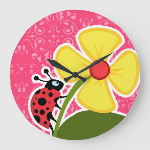 Grande Horloge Ronde Floral rose ; coccinelle