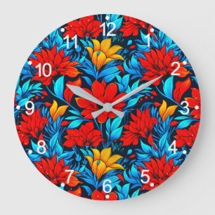 Grande Horloge Ronde Floral Rouge jaune Fleurs Motif-13075