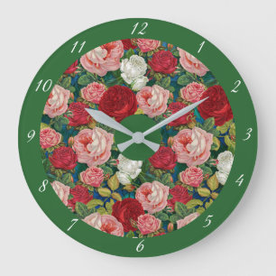 Grande Horloge Ronde Floral victorien vintage Rose rose rouge vert