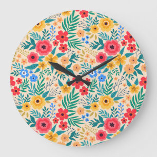 Grande Horloge Ronde Floral vintage, Petites Fleurs Colorées.